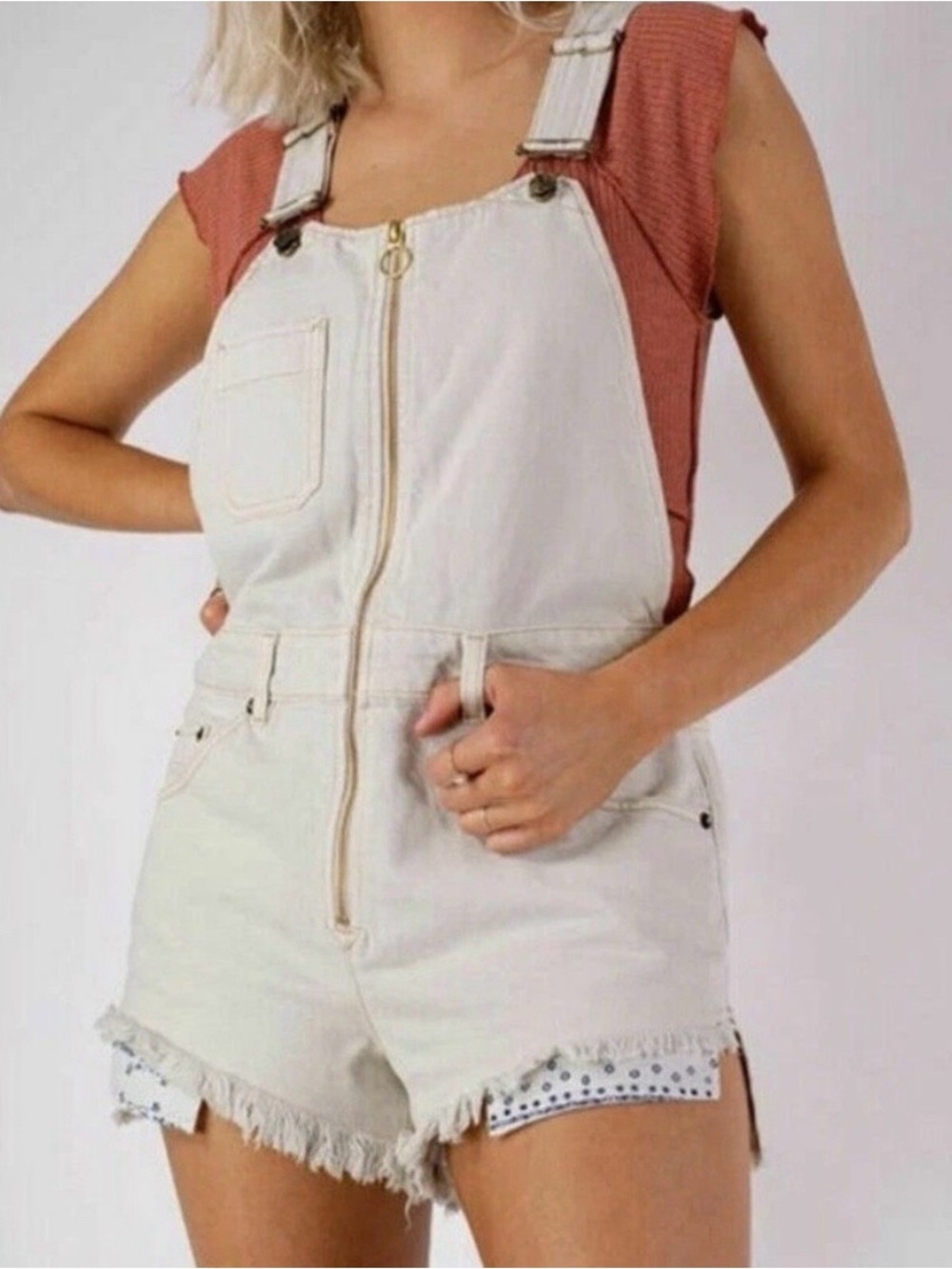 We The Free Cream Zip-Front Denim Short Overalls size 2